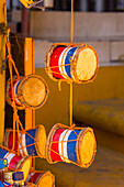 Miniature Dominican chupa tambora drums for sale in the Mercado Modelo in Santo Domingo, Dominican Republic.