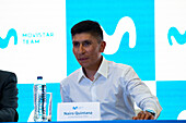 Der kolumbianische Radrennfahrer Nairo Quintana während einer Pressekonferenz, auf der seine Rückkehr zum Movistar Cycling Team angekündigt wird, in Bogota, Kolumbien, am 30. Oktober 2023