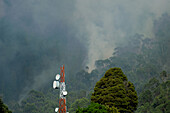 Smoke rises from a wildfire in Bogota's eastern mountains , wildfires rose to 5 during January 24, 2024, after hot temperatures and no precipitation was caused by the Nino Phenomena.