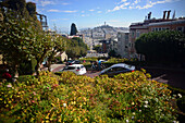 Popular Lombard Street in San Francisco, an east?west street that is famous for a steep, one-block section with eight hairpin turns.