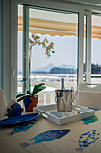 Champagne bottle in beach apartment table