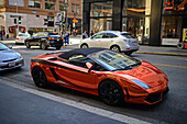 Bright colored Lamborghini parked in Union Square area, Financial District, San Francisco.