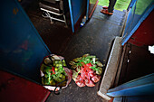 Feet of traveler by open train door and bags of goods of ambulant seller, Sri Lanka