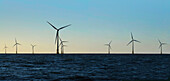 Windturbinen im Wasser vor blauem Himmel