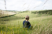 Rückansicht eines Jungen (18-23 Monate), der im Gras eines Feldes sitzt