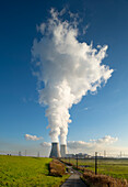 Belgien, Doel, Dampf, der aus dem Kühlturm eines Kernkraftwerks aufsteigt