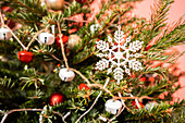 Christmas tree with ornaments, close up