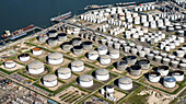 Netherlands, Zuid-Holland, Rotterdam, Aerial view of oil tanks in harbor