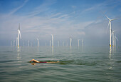 Niederlande, Friesland, Breezanddijk, Frau und Mädchen schwimmen in der Nähe von Windkraftanlagen