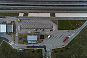 Portugal, Lisbon, Overhead view of parking lot near highway