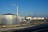 Netherlands, Rotterdam, Storage tanks at oil refinery