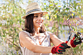 Woman pruning tree in garden