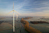 Netherlands, Noord-Brabant, Wind turbines on cold morning
