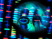 Detail eines Reagenzglases mit beleuchteten genetischen Daten im Hintergrund