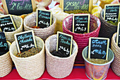 Körner, Saatgut und Gewürze zum Verkauf mit kleinen Preisschildern in Tassen; Cite, Frankreich