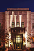 East Front Entry Door Of The Frist Center For The Visual Arts Building At Twilight, The Museum Is Housed In The Old Main Post Office On Broadway Street; Nashville, Tennessee, United States Of America