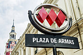 Schild für Plaza De Armas; Santiago, Metropolregion Santiago, Chile