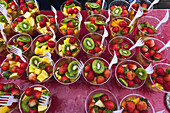Colourful Fruit Cups At A Juice Stall At Brick Lane Market, Shoreditch; London, England