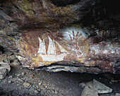 Felszeichnungen der Aborigines im Arnhem Land, die die Ankunft der ersten weißen Schiffe darstellen; Northern Territory, Australien
