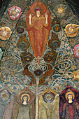 Detail des mit Fresken bemalten Innenraums von Mary Seton Watts, Watts-Kapelle; Compton, Surrey, England.