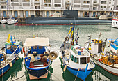 Fischerboote im Hafen; Genua, Ligurien, Vereinigte Staaten von Amerika