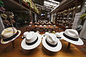 Panamahüte zum Verkauf im Ausstellungsraum der Barranco Panamahutfabrik, Cuenca, Azuay, Ecuador