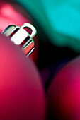 Extreme close up of red  Christmas baubles