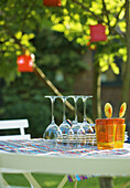 Close up of tableware on a garden table