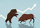 Bären- und Bullenmarkt kämpfen vor einem aufsteigenden Börsenpfeil auf blauem Hintergrund