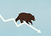 Bear walking down falling stock market arrow on blue background