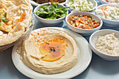 Still life Israeli meze hummus and appetizers