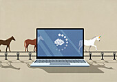 Pferde, die auf einem Laufband zu Einhörnern werden, hinter einem gepufferten Gehirn auf einem Laptop-Bildschirm