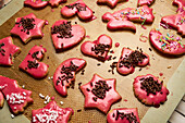 Still life red frosted sugar cookies with sprinkles