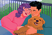 Happy, affectionate couple cuddling with dog on balcony