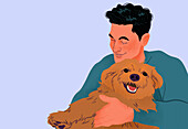 Happy, affectionate man cuddling with dog