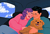 Happy, affectionate couple cuddling with dog in back seat of crowdsourced taxi