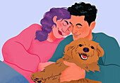 Serene, affectionate couple cuddling with dog