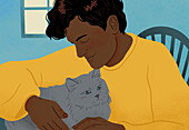 Affectionate man cuddling cat at home