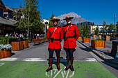 Two Mounties posing, Banff, Alberta, Rocky Mountains, Canada, North America