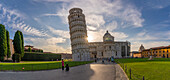 View of Pisa Cathedral and Leaning Tower of Pisa at sunset, UNESCO World Heritage Site, Pisa, Province of Pisa, Tuscany, Italy, Europe