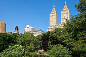 New York City cityscape viewed from The Lake, Central Park's largest body of water after the Reservoir, Central Park, Manhattan, New York City, United States of America, North America