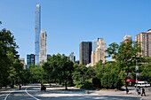 New York City cityscape viewed from the West Drive, the westernmost of Central Park's scenic drives, nestled between Upper West Side and Upper East Side neighborhoods of Manhattan, New York City, United States of America, North America