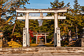 Großes Torii-Tor aus Stein, das weiter entfernte Tore am Fuße des Berges Iwaki einrahmt. Iwakiyama-jinja-Schrein am Berg Iwaki-Schrein in Hirosaki, Japan