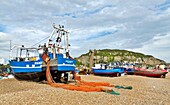 Fishing boats on The Stade (the fishermen's beach) at Hastings, East Sussex, England, United Kingdom, Europe