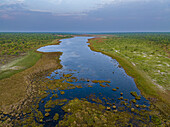 Aerial of the Sacasanje lagoon, Moxico, Angola, Africa