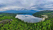 Aerial of Pyramid Lake, Jasper National Park, UNESCO World Heritage Site, Alberta, Canadian Rockies, Canada, North America
