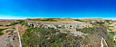 Aerial of the Head Smashed in Buffalo Jump, UNESCO World Heritage Site, Alberta, Canada, North America