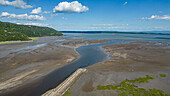Aerial of the Gouffre River flowing in the St. Lawrence River, Quebec, Canada, North America