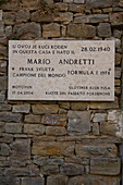 Plaque on wall of previous home of Mario Andretti, Motovun, Central Istria, Croatia, Europe