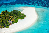 Aerial view of tropical island with lagoon, The Maldives, Indian Ocean, Asia